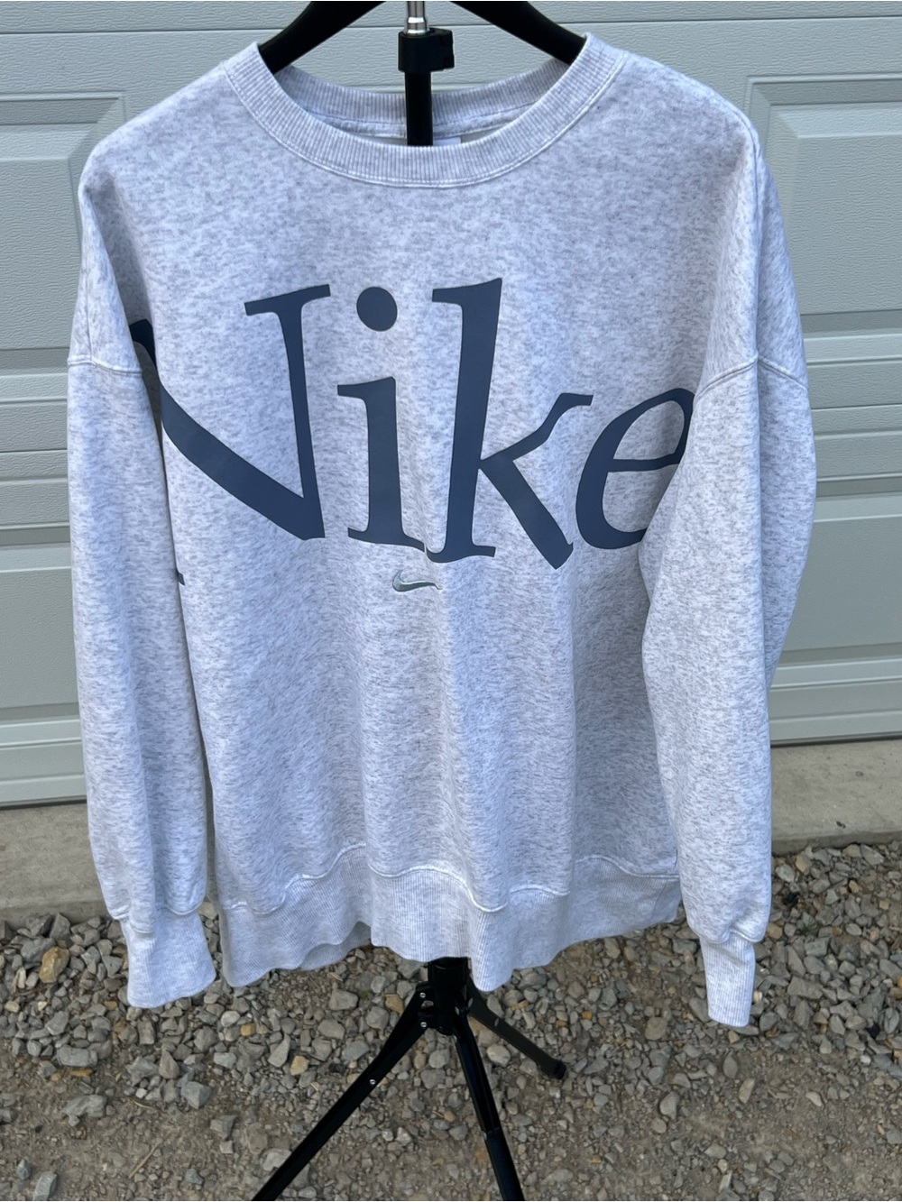 Nike Light Gray Crewneck Sweatshirt with Large Navy Logo